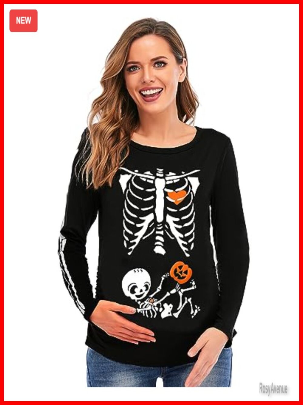 Halloween Maternity Shirt Long Sleeve Skeleton Pumpkin Pregnancy Tee